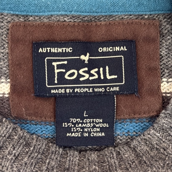 VTG 90s Fossil Gray Stripe Crewneck Sweater Cotton Lambswool Blend Grandpa Large - Picture 3 of 10
